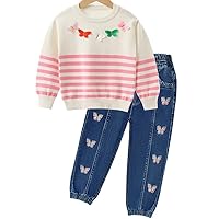 Peacolate Spring Autumn 2-10 Years Little&Big Girl Sweater and Embroidered Jeans 2pcs Clothing Set(Pink White Strips Butterfly,6Years)