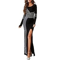 Women's Sexy Rhinestones Maxi Dress Long Sleeve Crewneck Bodycon Slit Black Dress for Birthday Party Club
