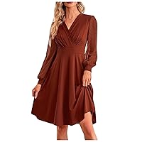 Women's Cocktail Elegant Sexy V-Neck Sheer Mesh Long Sleeve Solid Color Pleated A-Line Dress Formal Party Prom Dress