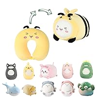 Kids Travel Pillow - 2-in-1 Deformable Kids Neck Pillow for Traveling, Soft U-Shaped Pillow with Adorable Animal Design, Comfy Sleep and Play, Ideal for Airplane Traveling-Yellow Bee