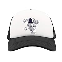 Cartoon Styled Astronaut Playing Golf with A Moon Trucker Baseball Cap