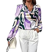 Women's Tops Shirts Sexy Tops for Women Color Block Draped Collar Lantern Sleeve Blouse (Color : Multicolor, Size : Small)