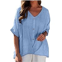 Women Tops Summer 2023 Cotton Linen V Neck Button Blouse Shirt Loose Casual Beach Going Out Plus Size Blouses Top