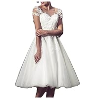 Lorderqueen Women's Elegant Vintage Tea Length Lace Tulle Wedding Dress for Bride