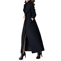 PENER Women's Fashion Black Thick Long Wool Trench Coat Winter Double-Breasted Warm Jacket