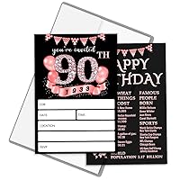 90th Birthday Invitations with Envelopes For Woman, 90th Birthday Party Invitations, Black & Rose Gold Adult Birthday Invitations - Set of 20