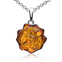 Amber Sterling Silver Rose Pendant Necklace 18 Inches