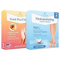 Foot Peeling Mask with Peach 1 Pack and Korean Foot Mask Moisturizing 2 Pairs Box for Dry & Cracked Feet