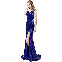 Women's Sexy V-Neck Sequins Mermaid Evening Dresses Long High Side Slit Prom Party Ball Gowns