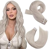 Moresoo Blonde Human Hair Tape in Extensions White Blonde Hair Extensions Tape in Real Human Hair Seamless Hair Extensions Blonde Tape in Hair Extensions 16 Inch #60A 20pcs 50g