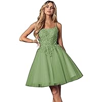 Lace Applique Homecoming Dress for Teens Glitter Tulle Spaghetti Straps Short Prom Dresses Formal Evening Dress