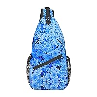 Sling Backpack,Travel Hiking Daypack Blue Flowers Print Rope Crossbody Shoulder Bag