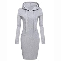 Womens Long Sleeve Solid Patchwork O Neck Casual Long Hooded Sweatershirt Dress