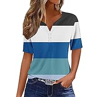 Women's Color Block Short Sleeve Henley Shirts 2024 Summer Tunic Tops Button Up T-Shirts V-Neck Casual Blouses