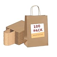 vanhel 100 Pack Brown Kraft Paper Bags with Handles Bulk,8x4.25x10.5 Inches,Gift Bags with Handles for Weeding,Birthday, Favor,Party,Retail Merchandise Bags