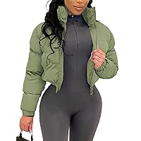 Flygo Women Cropped Quilted Puffer Jacket Winter Fashion Long Sleeve Bubble Short Down Coat