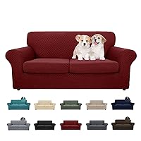 MAXIJIN 3 Piece Stretch Couch Covers for 2 Cushion Couch Sofa Slipcovers with 2 Extra Large Seat Cushion Couch Newest Jacquard Loveseat Sofa Couch Cover for Dogs (2 Cushion Sofa, Wine Red)
