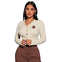 Women's Tops Sexy Tops for Women Shirts Cartoon Patched Lettuce Trim Crop Tee Shirts (Color : Beige, Size : Small)