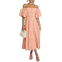 R.Vivimos Off-Shoulder Dresses for Women Summer Puff Sleeve Empire Waist Casual Ruffle A-Line Flowy Midi Dress with Belt