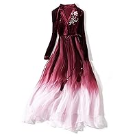 velutum Embroidered Spliced Silk Organdy Gradual Color Dress V Collar Slim Waist Skirt