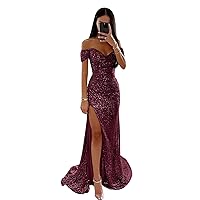 Off Shoulder Sequin Prom Dress Long Mermaid Pleated Formal Gowns with Slit P038