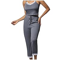 Women's 2 Piece Lace Trim Pajamas Ribbed Knit Matching Outfits Cami Crop Tops and Pantts Sleepwear Loungewear Sets
