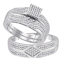The Diamond Deal 10kt White Gold His & Hers Round Diamond Square Cluster Matching Bridal Wedding Ring Band Set 1/2 Cttw