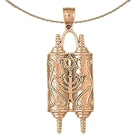 Scroll Necklace | 14K Rose Gold Torah Scroll with Star & Menorah Pendant with 18