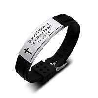 Religious Quote Faith Christian Bible Verses Inspirational Powerful Scripture ID Wristband Cross Engraved Text Stainless Steel Adjustable Silicone Bracelets Gift for Men