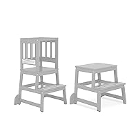 2-in-1 Funtastic Tower and Step Stool, Easy to Assemble, Multi-Purpose Stool with Non-Toxic Paint Finish, Made of Solid Pinewood, Cool Grey