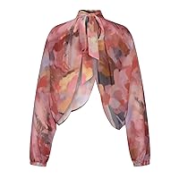 Colorful Chiffon Shawl Shirts Womens Open Front&Back See Through Sexy Tops Lantern Sleeve Self Tie High Neck Blouse