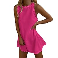 Womens Summer Dresses Cotton and Linen Dress Sleeveless Dress Mini Skirt Printed Loose Beach Dress(Hot Pink,Large