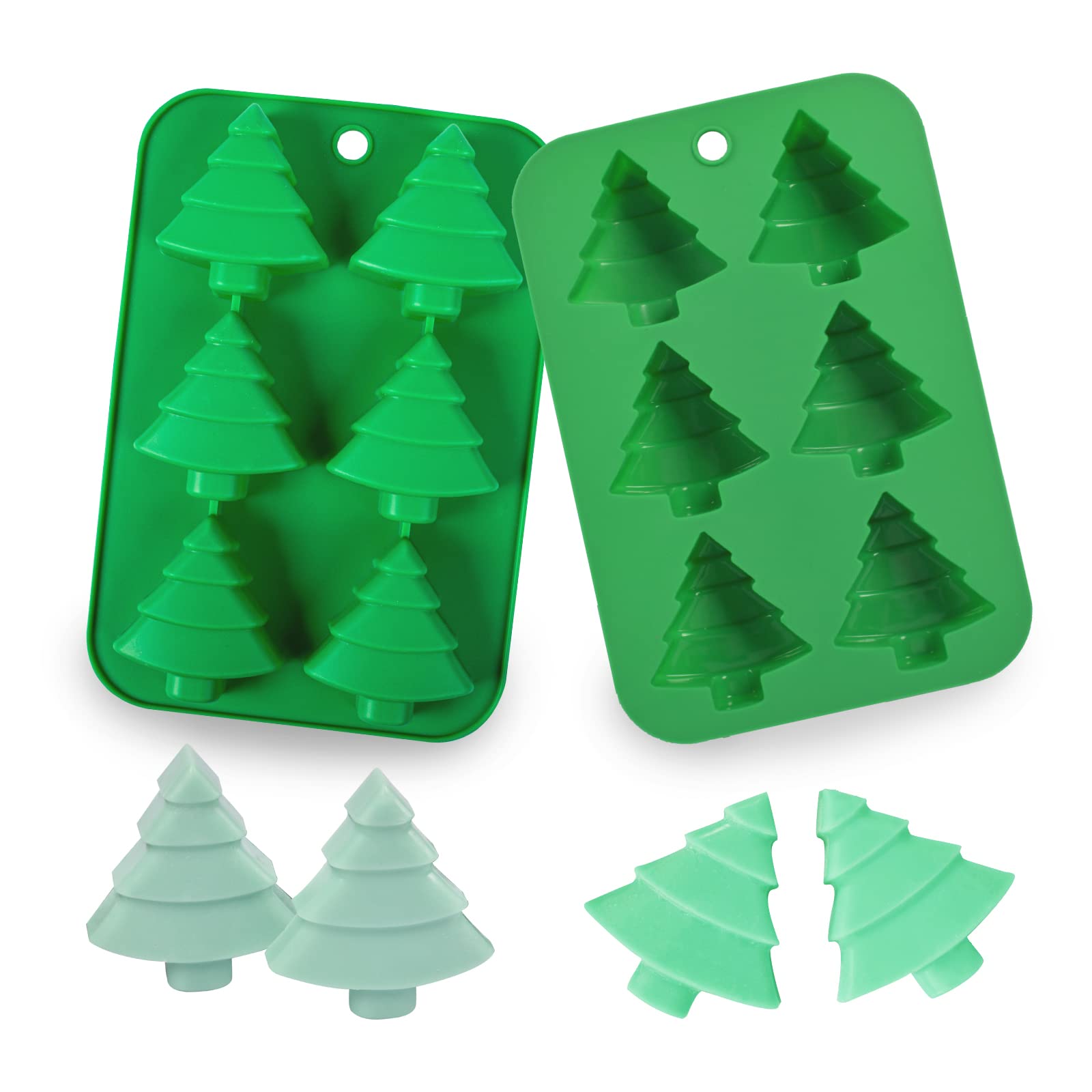 2 Pcs 6 Cavity Christmas Tree Silicone Baking Mold, Flexible Non-Stick Cake Silicone Mold Chocolate Candy Handmade Soap Ice Cube Biscuit Christmas Silicone Baking Moulds Trays Pan (A)