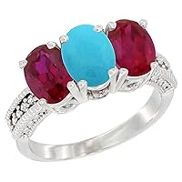 10K White Gold Natural Turquoise & Enhanced Ruby Ring 3-Stone Oval 7x5 mm, Sizes 5-10