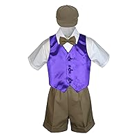 5pc Baby Toddler Boys Dark Khaki Shorts Hat Bow Tie Purple Vest Suits Set (Large:(12-18 months))