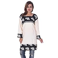 Indian Women's Cotton Top Animal Print Casual Tunic Shirt Ethnic Kurti Off-White Color Plus Size