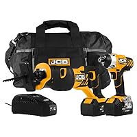 JCB Tools - 20V, 2-Piece Power Tool Kit - Impact Drill Driver, Reciprocating Saw, 2 x 4.0Ah Batteries, Charger, Tool Bag - For Home Improvements, Drilling, Screw Driving, Sawing, Drywall