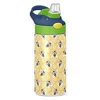 Cute Honeycombs Bumblebees Yellow Kids Water Bottle with Silicone Straw for Girls Boys Cartoon Toddlers Insulated Stainless Steel with Straw Lid BPA-Free Duck Mouth Leakproof Tumbler 12 oz