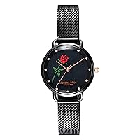 VICTORIA HYDE Quartz Women Watches Stainless Steel Mesh Band Black Wristwatch with Embroidered Dial Ladies Gifts