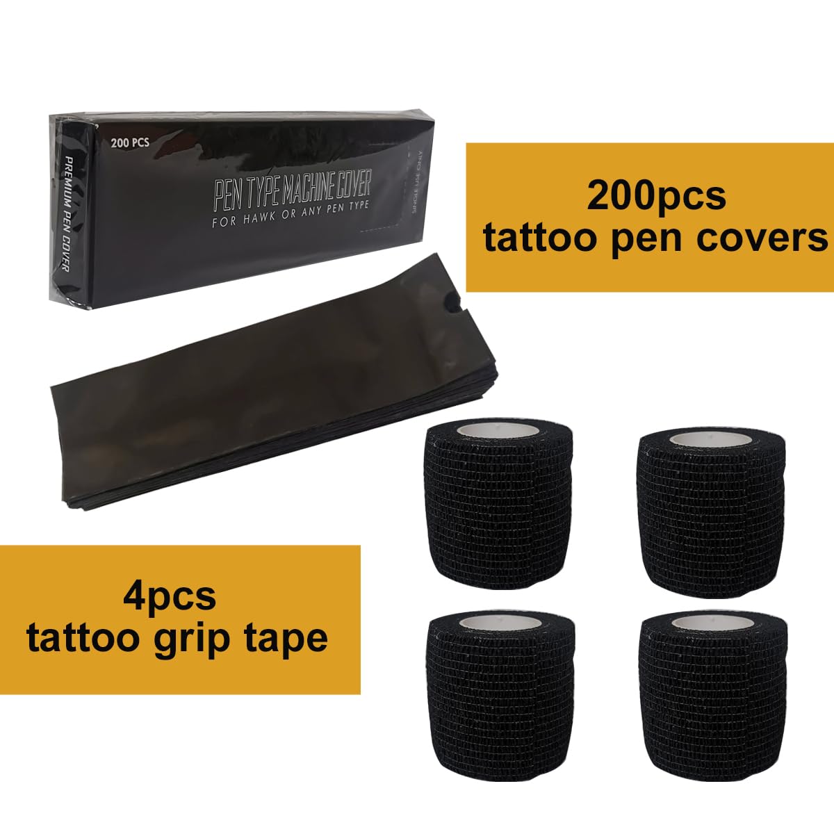 NEEDLEWALK Pen Machine Covers with Grip Tapes 200pcs Tattoo Pen Covers and 4pcs Tattoo Grip Wrap Tattoo Machine Bags Tattoo Grip Covers Tattoo Pen Sleeves Combination Tattoo Supplies