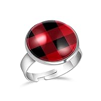 Black Red Big Buffalo Plaid Pattern Classic Adjustable Rings for Women Girls, Stainless Steel Open Finger Rings Jewelry Gifts