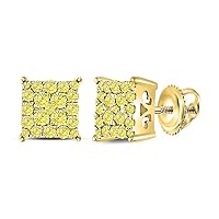 The Diamond Deal 10kt Yellow Gold Womens Round Canary Diamond Square Cluster Stud Earrings 1/2 Cttw