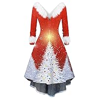 TWGONE Christmas Outfits for Women Fuzzy Plush V Neck Cartoon Festival Cocktail Holiday Party Flare Dress