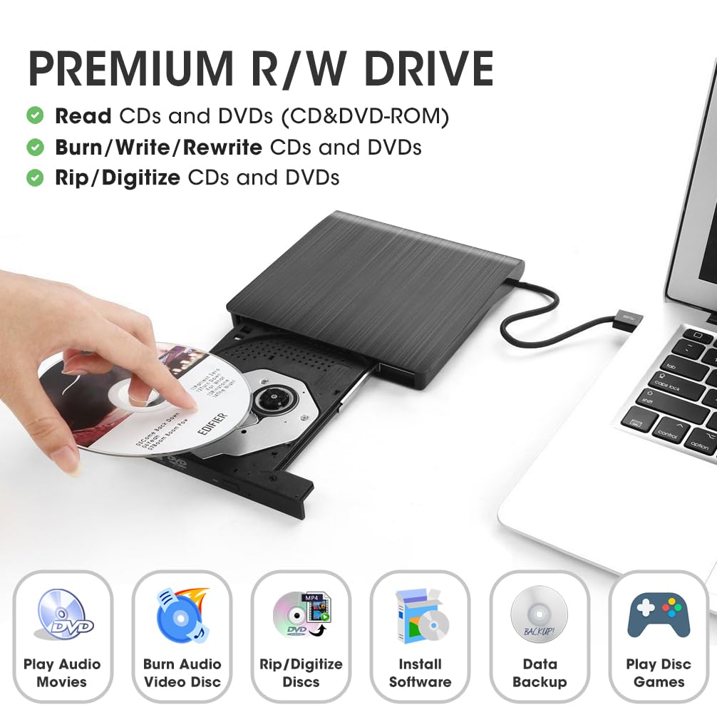 ROOFULL External CD DVD +/-RW Drive for Laptop USB 3.0 Portable DVD/CD-ROM Burner Player Reader Writer Rewriter Optical Disk Drive for Laptop PC Windows 11/10/ 8/7, Mac, Linux OS, Black (Updated)