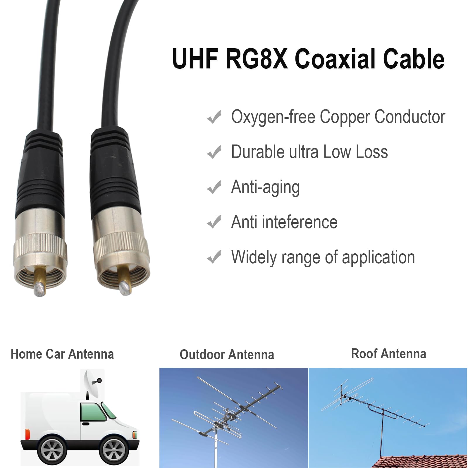 exgoofit RG8X Coaxial Cable 100ft, CB Coax Cable, UHF PL259 Male to Male Coaxial Cable Connector for HAM Radio, Antenna Analyzer