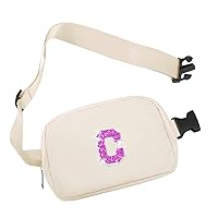 Small Waist Fanny Pack Belt Bag with Initial Letter Patch Adjustable Strap for Women Teen Girl Running Sports Walking, Mini Cross Body Travel Purse Fashion Cute Preppy Pouch Ivory (C)