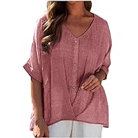 Women's 2024 Cotton Linen Blouses Short Sleeve Henley Shirts Button Down V Neck Casual Work Tops Solid Dressy Blouse