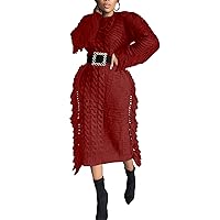 Womens Sexy Fashion Long Sleeve Knitted Solid Color Tassel Long Dress Loose Dress (Without The Belt)