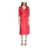 Michael Kors Womens Red Pocketed Tie Belt Animal Print 3/4 Sleeve Surplice Neckline Midi Party Wrap Dress L