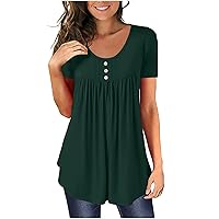 Women's Solid Color Waistband Casual V Neck Button Short Sleeved Top Polyester Blouses